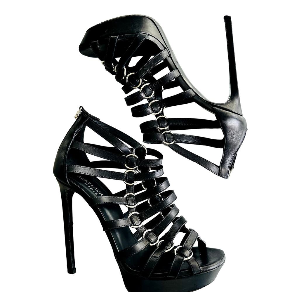 Saint Laurent Nina Cage Sandals Size 38.5 Calfskin Black w/Box Dustbag 316198 - Picture 3 of 12